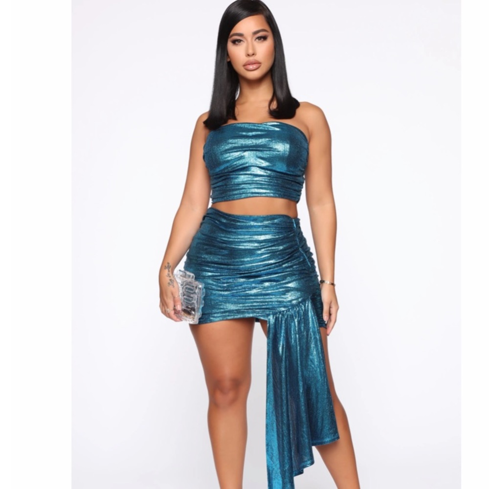 Alessandra Metallic Skirt Set - Turquoise